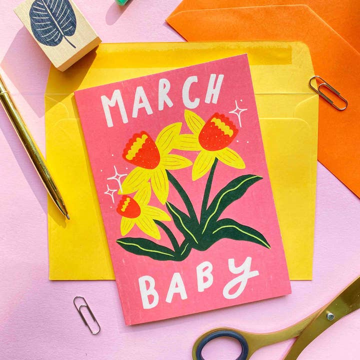 Kerrie Illustrates – wholesale Babykort – Mars Nyfödd Kort Födelseblomma Nyfödd Son Dotter Brorsdotter0