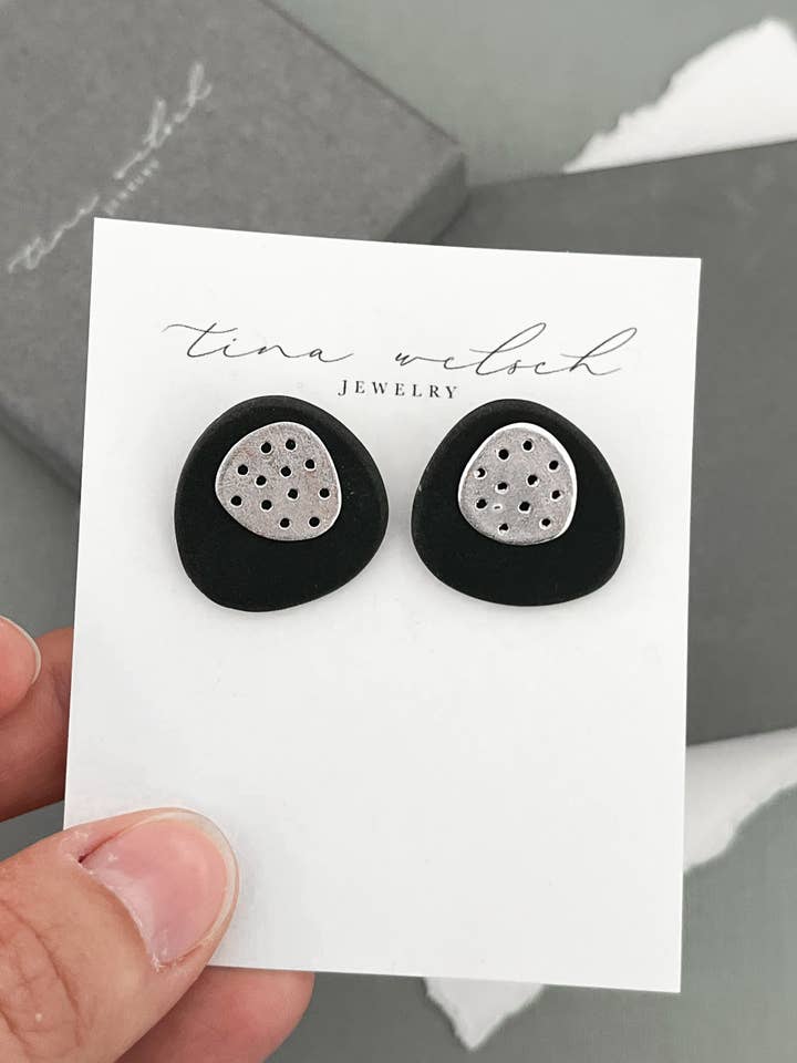 Black, blue or white and sterling silver dotted studs for wholesale by Tina Welsch Jewelry