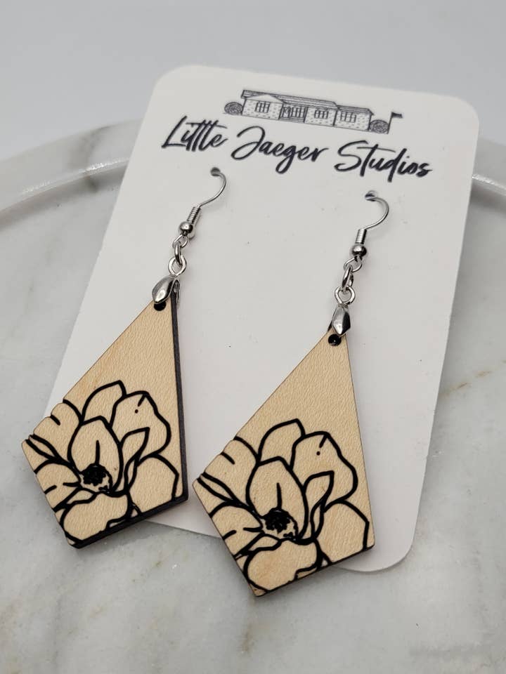 Handmade Wooden Engraved Floral Earrings for wholesale by Little Jaeger Studios