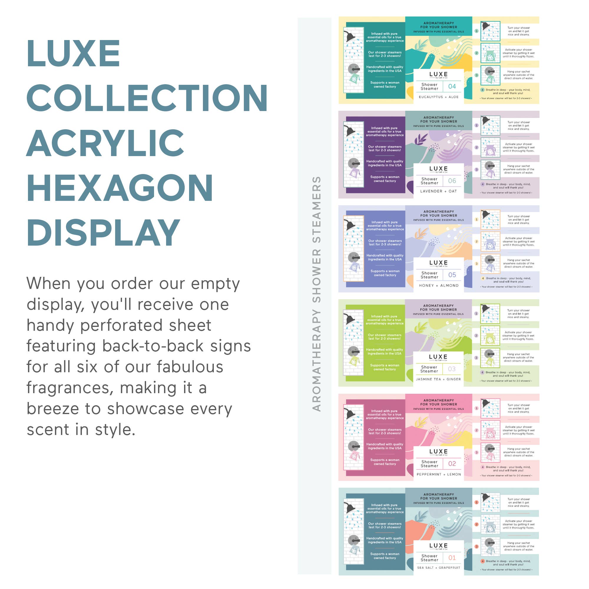 Cait + Co - Wholesale Display Case - Luxe Shower Steamer Hexagon Display with signs - Empty3