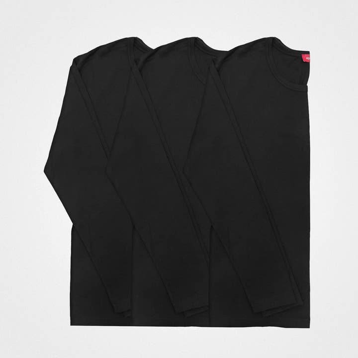 Pack de 3 | Mangas largas con cuello redondo y algodón reciclado para hombre, color negro para venta al por mayor de agood company