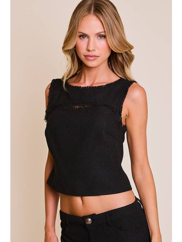 Black SLEEVELESS BOAT NECK FRONT CUT OUT TOP WITH WIDE LEG PANTS for wholesale on Faire