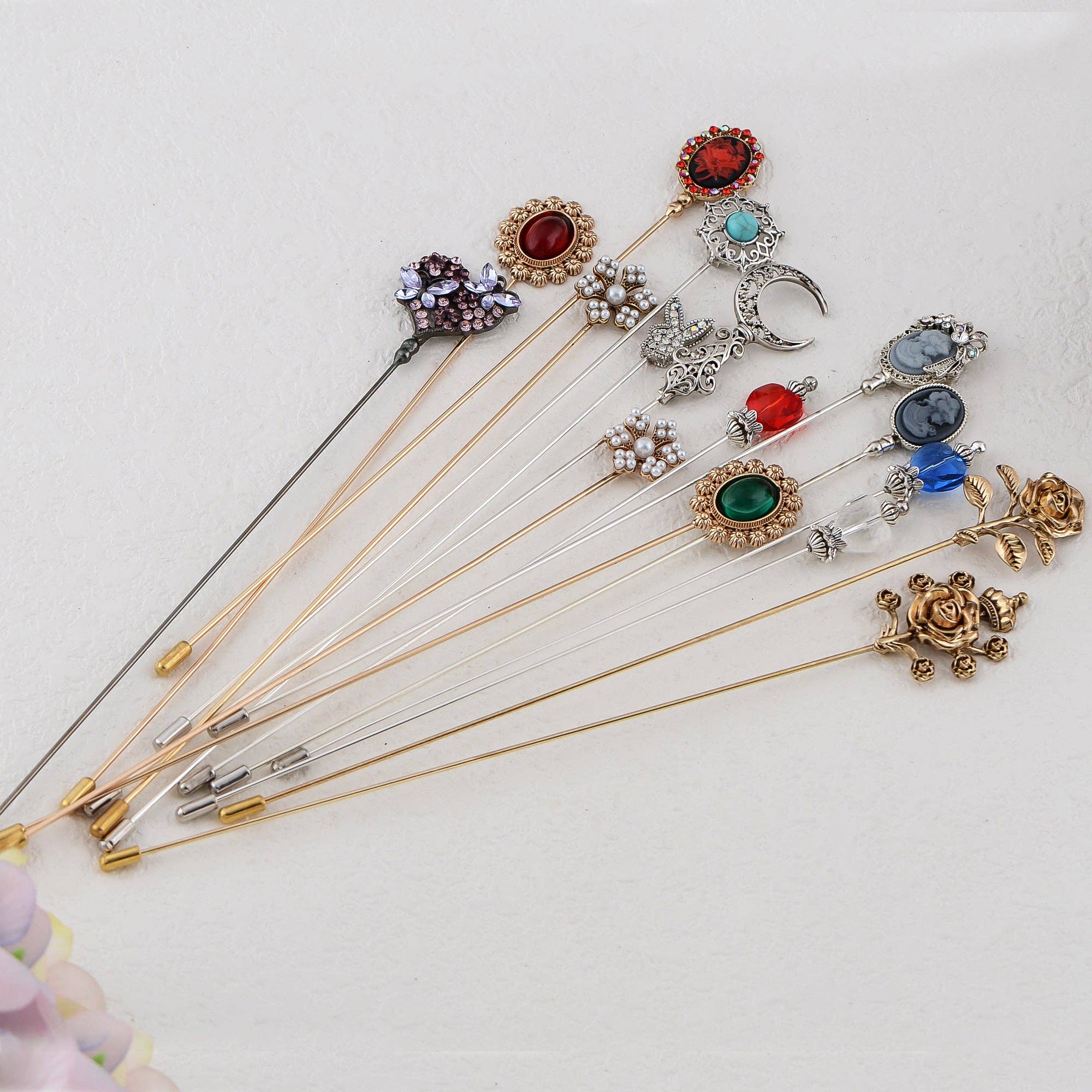 AK Brand - Wholesale Hat Accessory - Women's - 8in Antique Style Hat Pin Long Metal Stem Hats Coats Lapels15