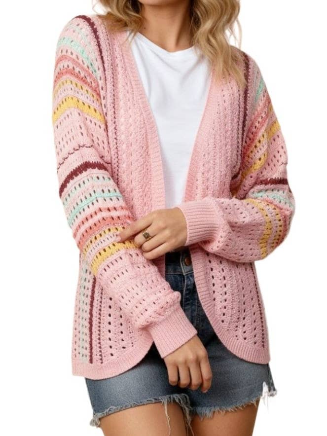 Dolman Multi Color Stripe Crochet Cardigan for wholesale by Vanilla Monkey