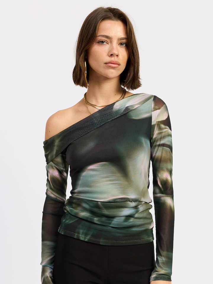ASYMMETRICAL OFF SHOULDER MESH TOP for wholesale by Emory Park