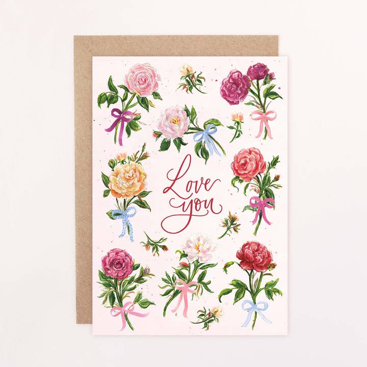 Love You Card, Floral Rose & Bow Illustration, Blank for wholesale by Felicity Designs