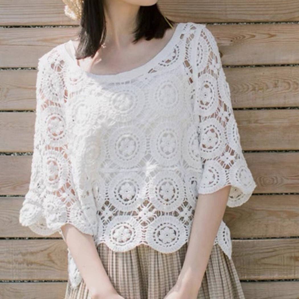 Funkyrel® Atzbranding Limited - Vente Chemisier – femme - Crosa - Haut en dentelle crochetée florale – Blouse légère pour le printemps/été3