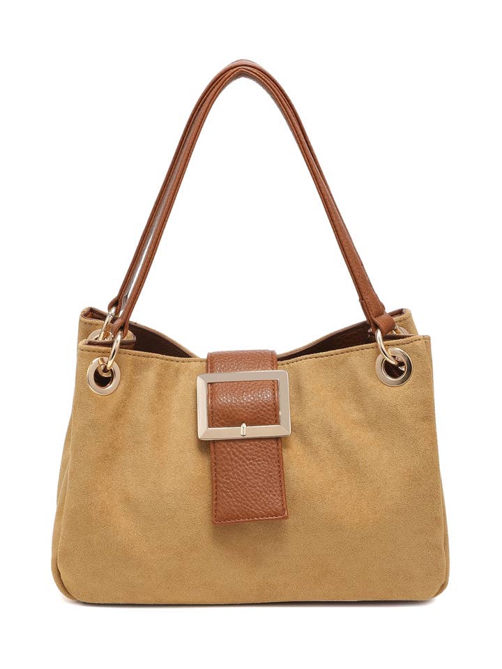 Vegan Suede Buckle Accent Shoulder Tote Handbag for wholesale by Ellas Trading