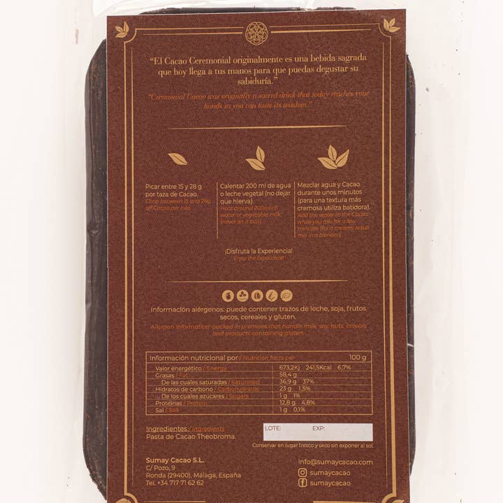 Sumay Cacao S.L – Kit/preparado de chocolate quente por atacado – Cacau Cerimonial 100% 1 kg. - Guardiões da Terra