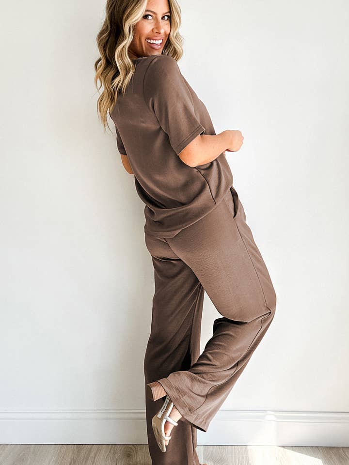 Smoke Gray Solid Color T Shirt 2pcs Wide Leg Pants Set for wholesale on Faire