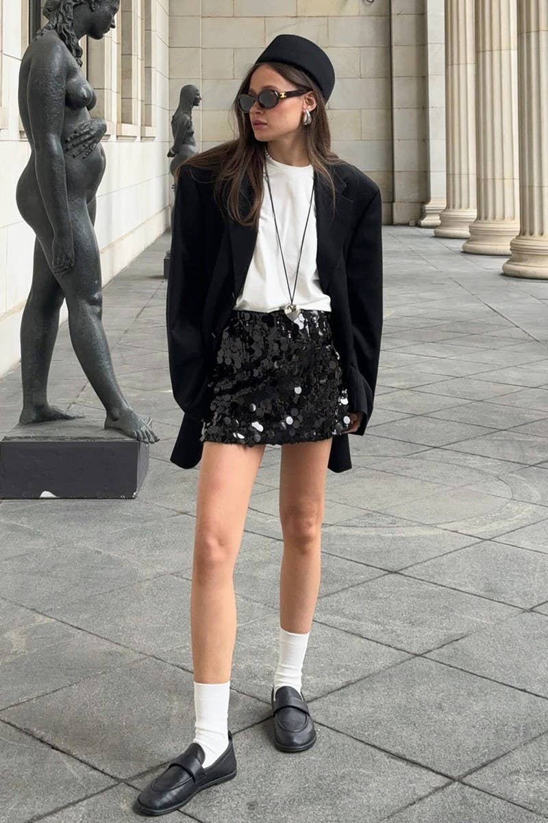 NINEXIS - Wholesale Skirt - Women's - CWBSS0349_HIGH WAIST SOLID COLOR SEQUINED MINI SKIRT5