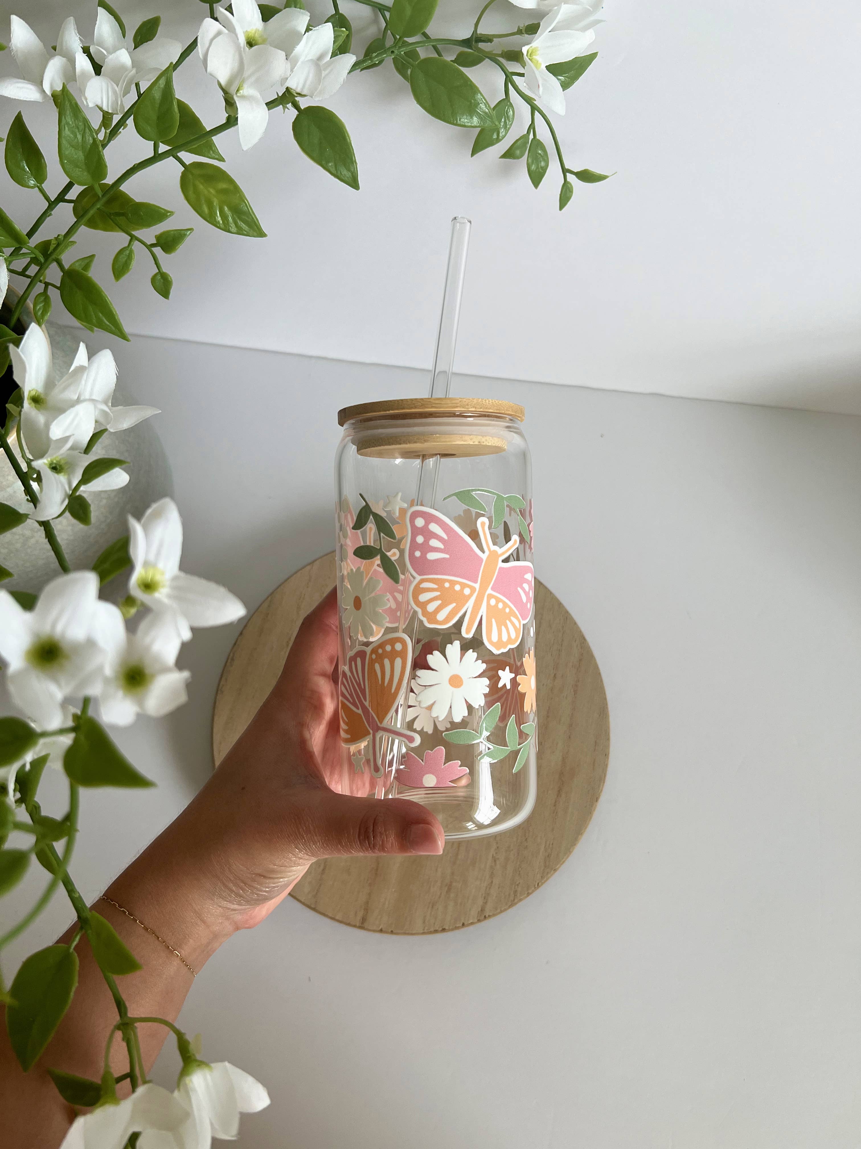 Birdie & Co. – wholesale Dricksglas och koppar – Fjäril och blomma burkglas, vår iskaffeglas