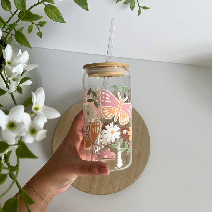 Birdie & Co. - Wholesale Drinking Glass/Cup - Butterfly and Flower Can Glass, Spring Iced Coffee Glass