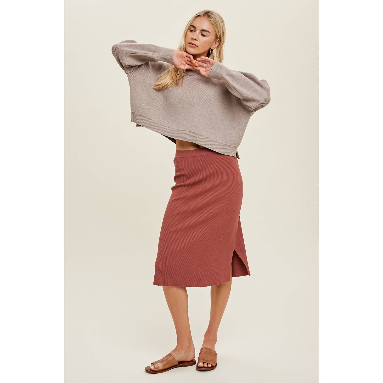 Wishlist Apparel - Wholesale Skirt - Women's - RIBBED SWEATER MIDI SKIRT WITH SIDE SLITS / WL23-81877