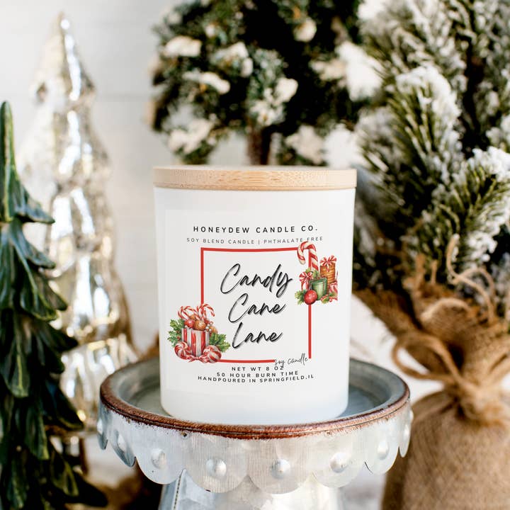 Candy Cane Lane 8 oz Jar Candle for wholesale by Honeydew Candle Co.
