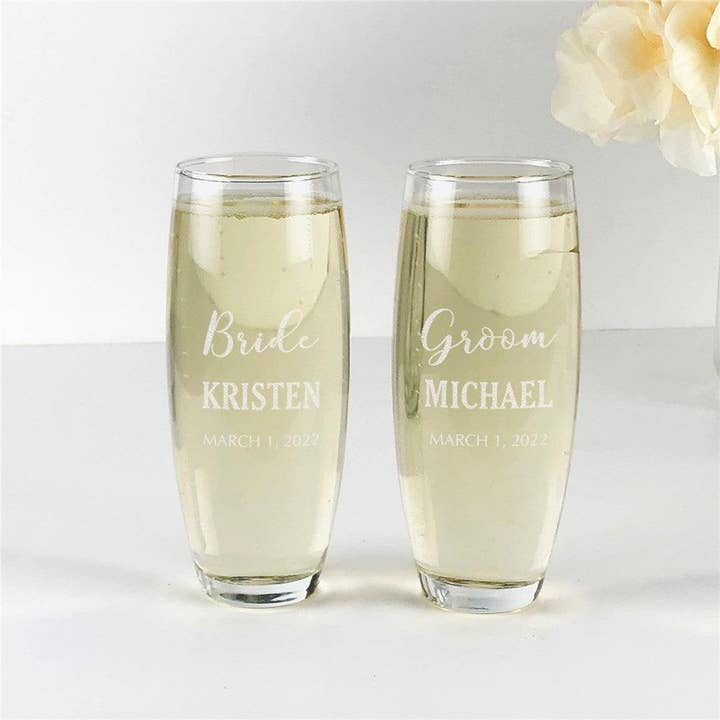 Engraved Wedding Stemless Flute Set for wholesale by Sunny Jar Personalized