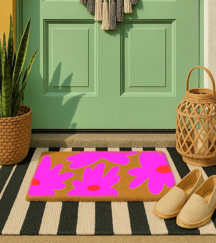 Cindy Hughes Design - Wholesale Door Mat - Pink Flowers Coir Doormat, size 18x30, floral welcome mat3