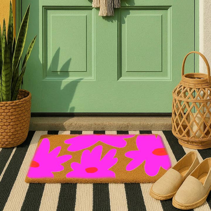 Cindy Hughes Design - Wholesale Door Mat - Pink Flowers Coir Doormat, size 18x30, floral welcome mat3