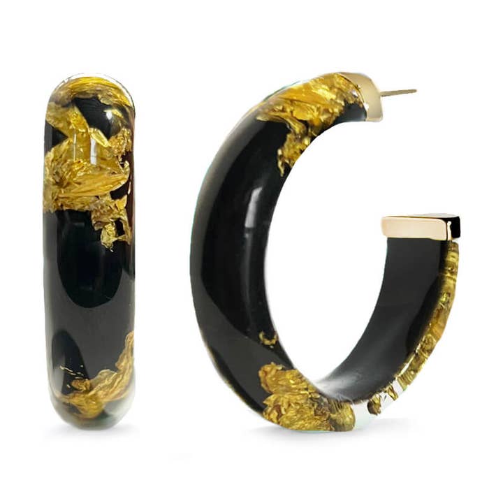1.5" Black 24K Gold Leaf Hoops for wholesale by Gold & Honey
