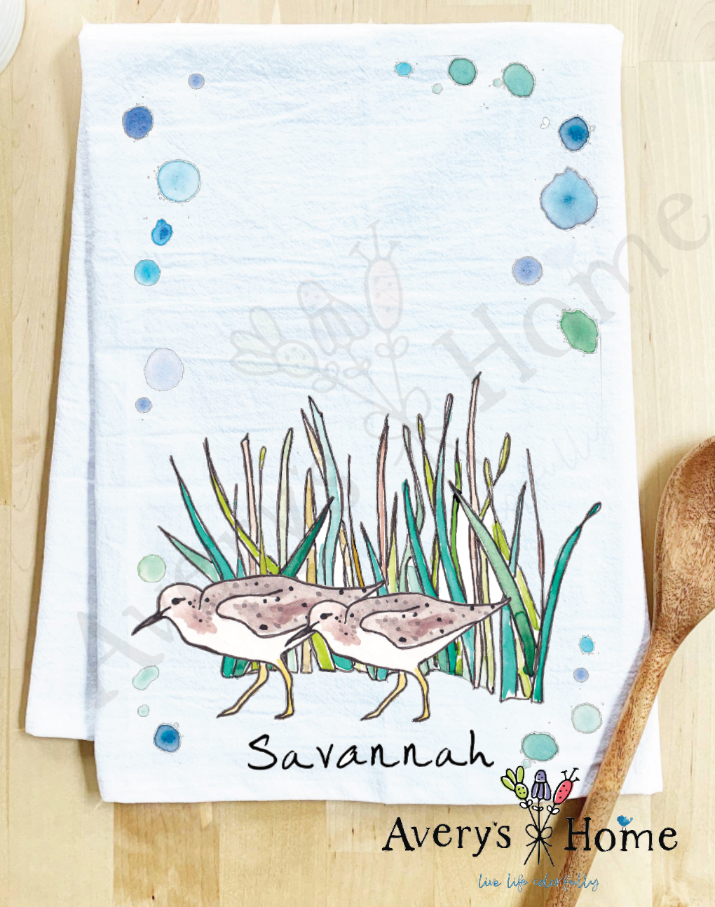 Avery's Home - Wholesale Tea Towel - Sandpipers with Beach Grass Bird Customizable Tea Towel2
