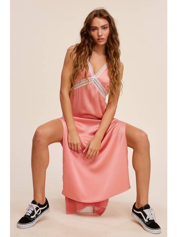 Rose Vintage Satin Lace Maxi Dress with Side Slits for wholesale on Faire