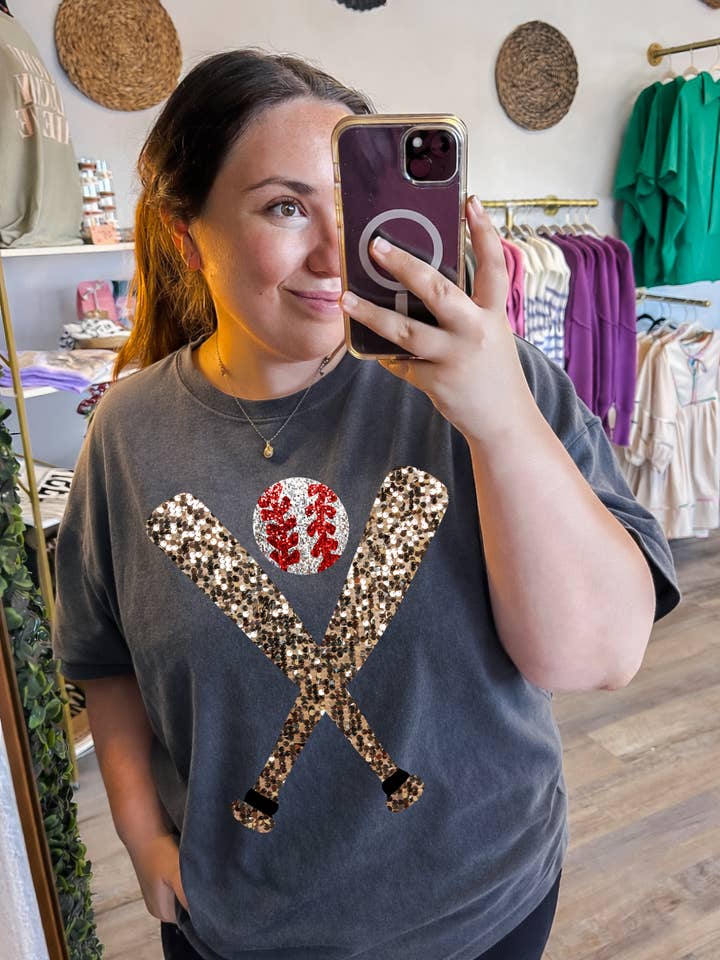 Faux Sequin Baseball Bats Tee for wholesale by Shop Hal Wholesale
