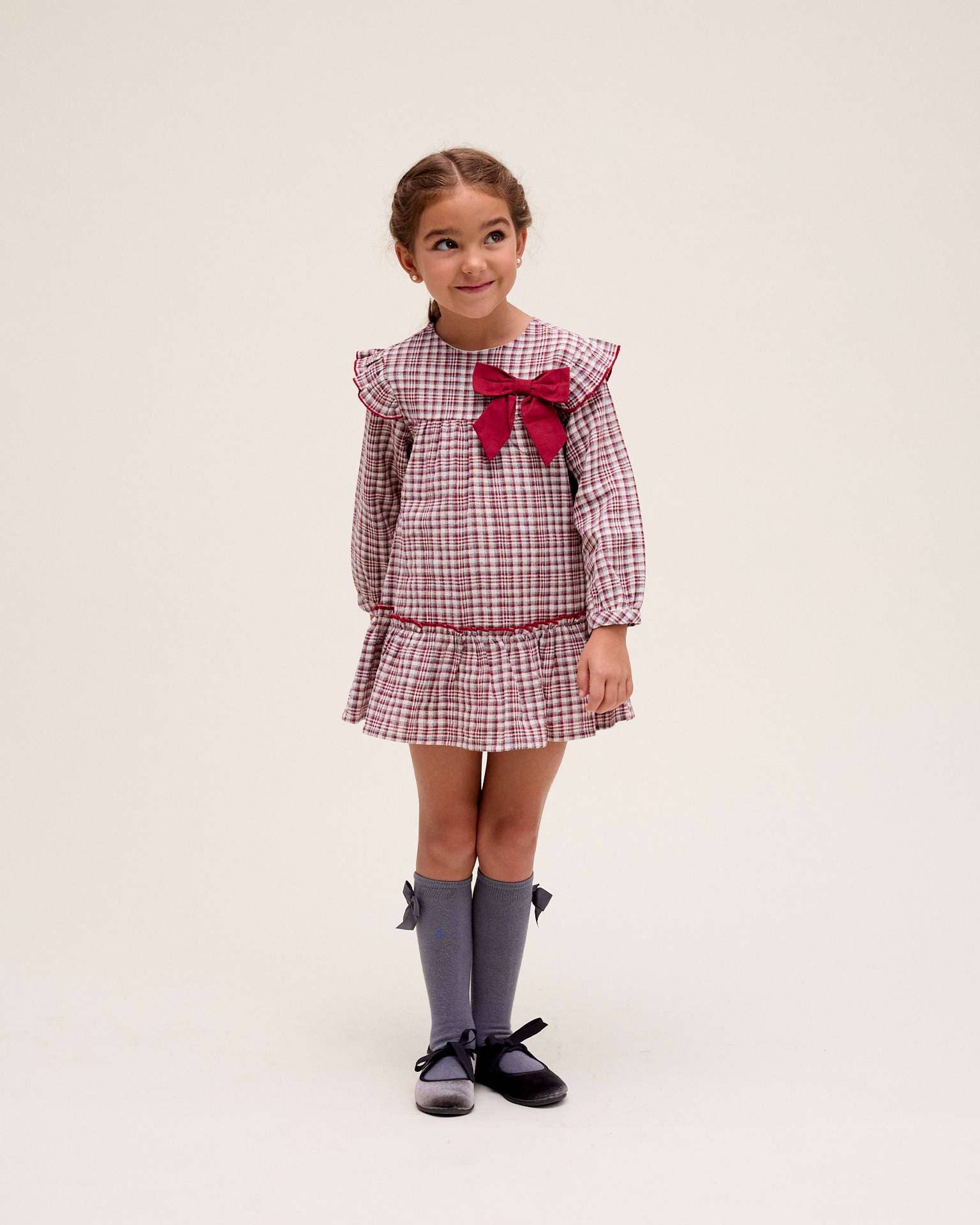 red Garnet checkered girl's dress with bow detail for wholesale on Faire0