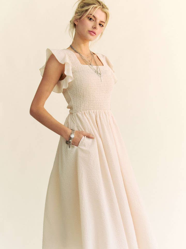 Davi & Dani – wholesale Dress – Women's – TEXTURED RUFFLE CAP SLEEVE SMOCKED MIDI DRESS6