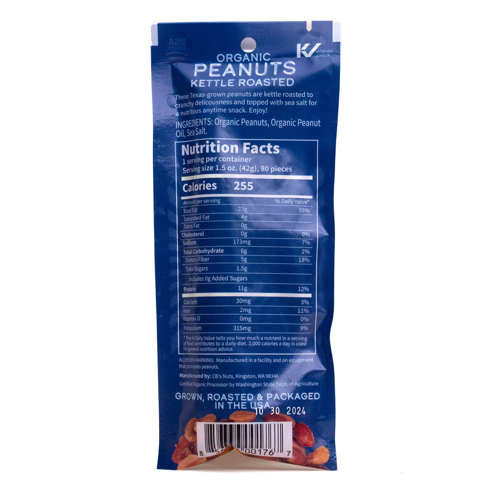 CB's Nuts - Wholesale Nuts - 1.5oz Organic Kettle Roasted Peanuts - Sea Salt - 121