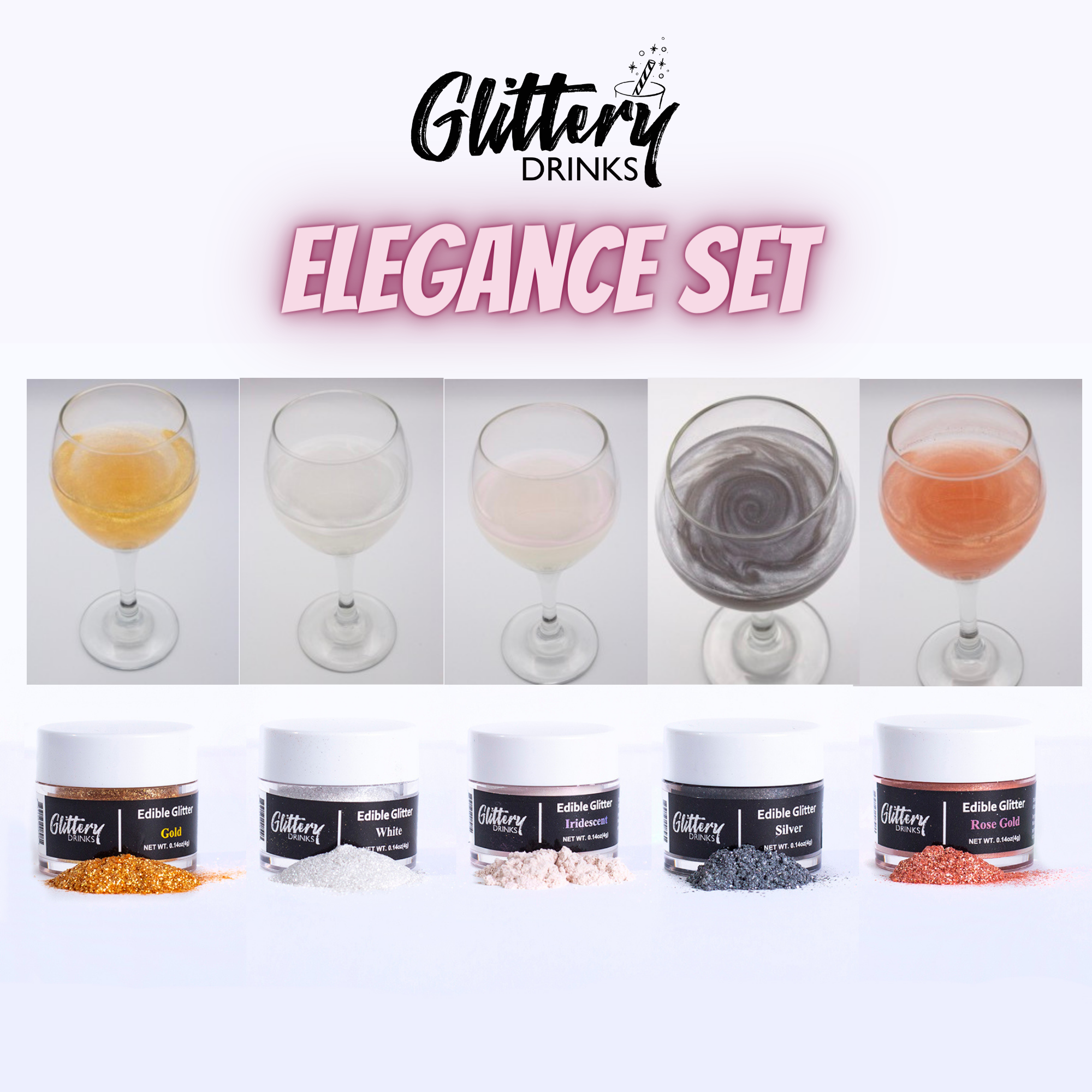 Glittery - Edible, Cosmetic and Biodegradable Glitter Products – Großhandel Drink Topper – Elegance Set – essbares Glitzerpulver für Getränke (5 Farben)0