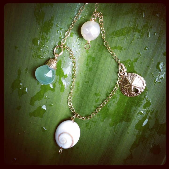 Mermaid Charm Bracelet // Aqua Chalcedony Or Pick Your Gemstone , Eye Of Shiva Shell, Pearl & Sanddollar // Hawaiian Wire Wrapped Jewelry // for wholesale by Treehouse Jewelry Hawaii
