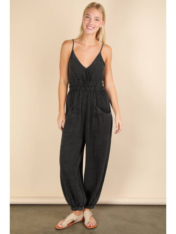 VERY J - Wholesale Jumpsuit - Women's - NP70837-Mineral Washed Cotton Gauze Casual Jumpsuit