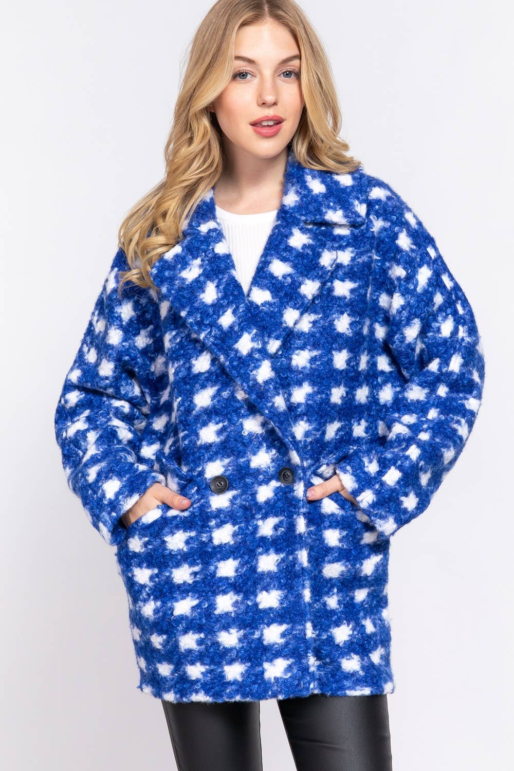 Active Basic | Active USA - Wholesale Coat - Women's - Long Sleeve Double Breasted Check Print Boucle Fleece Coat2