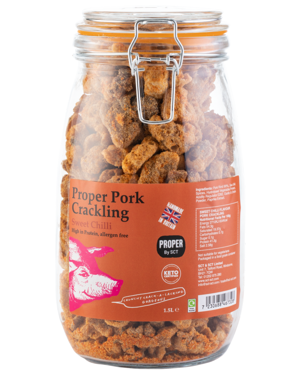 Robert’s Dorset – wholesale Puffed snack – Proper Pork Crackling 1.5L / 390g Glass Jar7