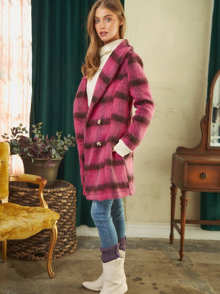 Hot Pink PLUS FUZZY PLAID DOUBLE BREASTED JACKET for wholesale on Faire4