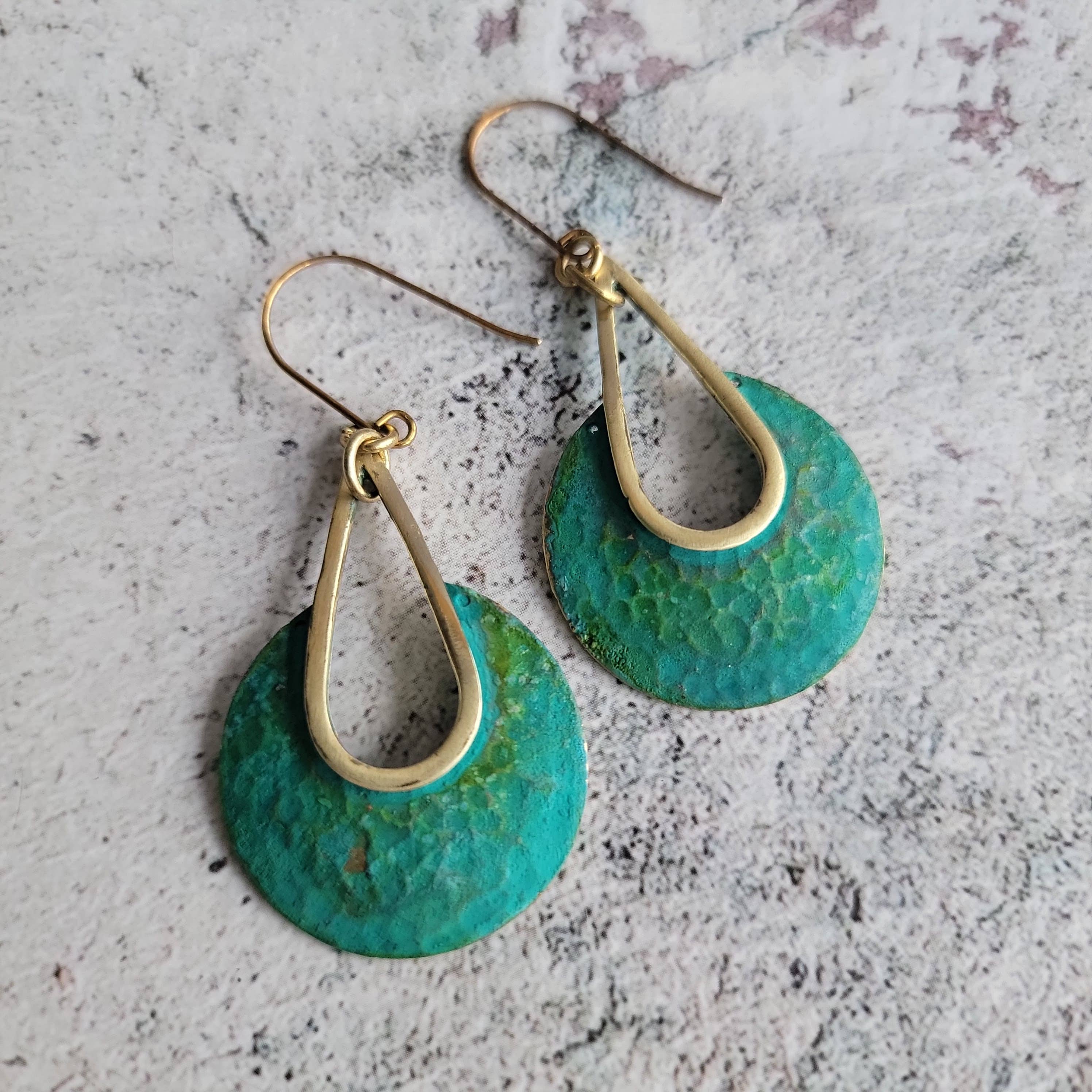 Gold-Edge Verdigris Green Hammered Drop Earrings for wholesale by Verdilune