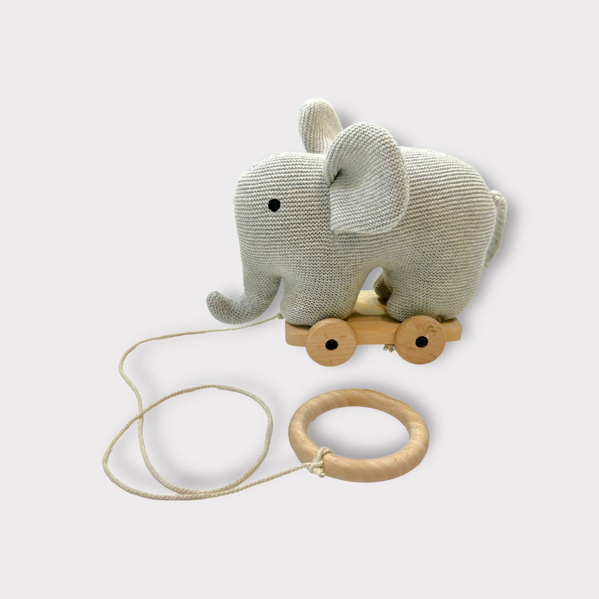 Grå Lyng Stuffed Elephant Pull Cart Babylegetøj - Økologisk strik for engroshandel på Faire
