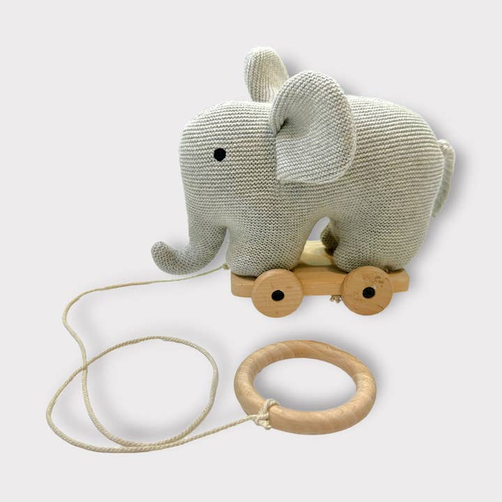 Grå Lyng Stuffed Elephant Pull Cart Babylegetøj - Økologisk strik for engroshandel på Faire0