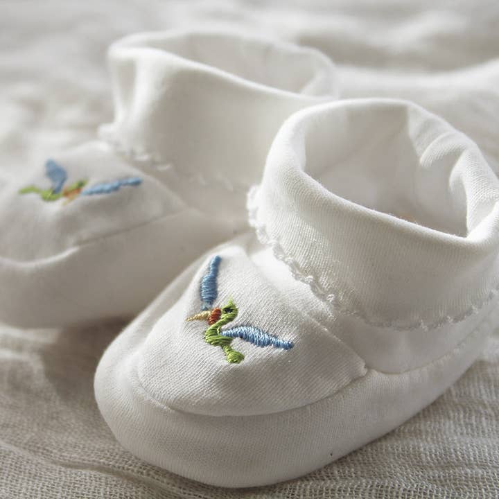 Gordonsbury - Wholesale Booties - Baby - white pima cotton booties with bird and picot trim1
