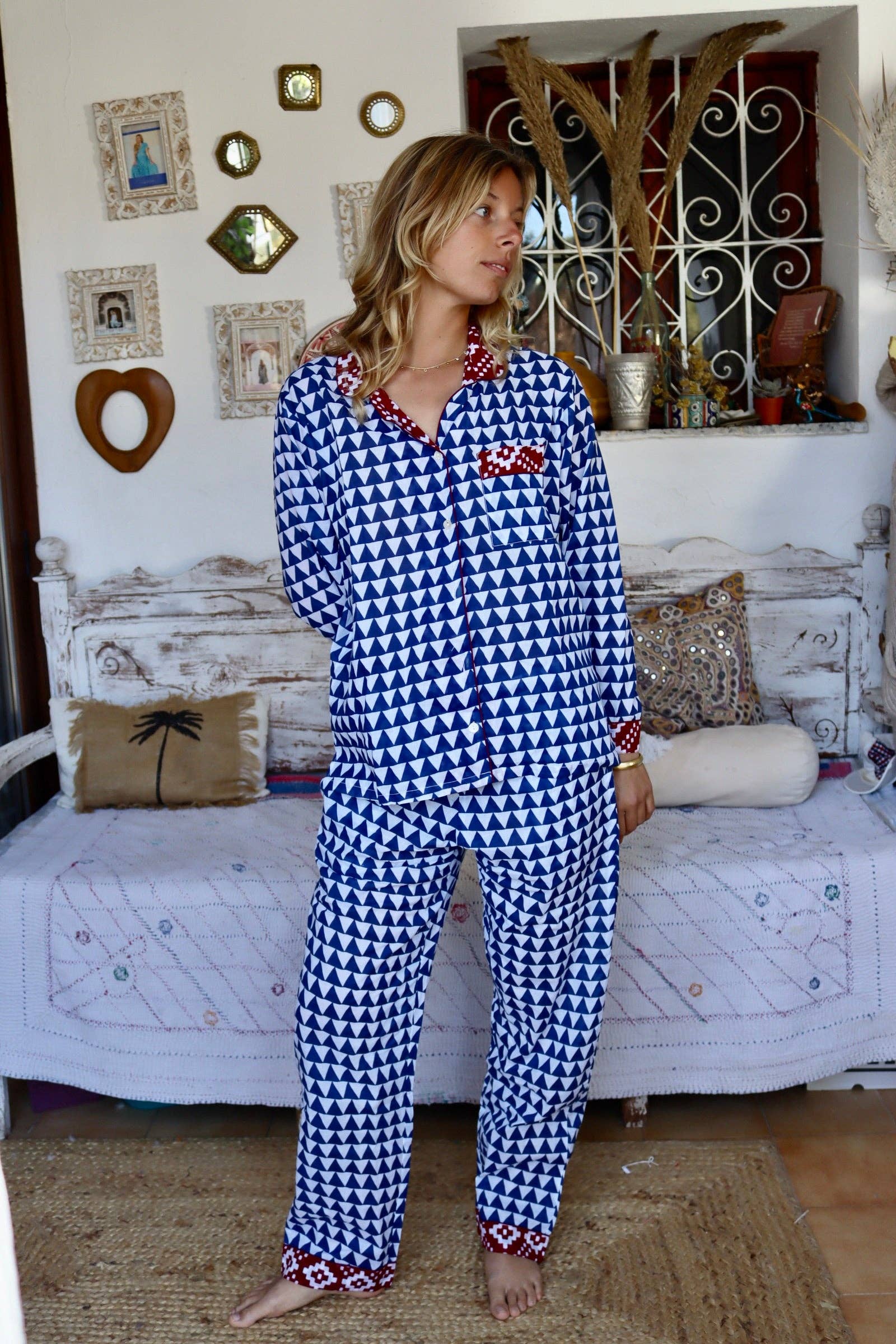 Aurobelle Ibiza - Vendita all'ingrosso Completo pigiama - Donna - Pigiama comodo in cotone con stampa a blocchi fatta a mano3