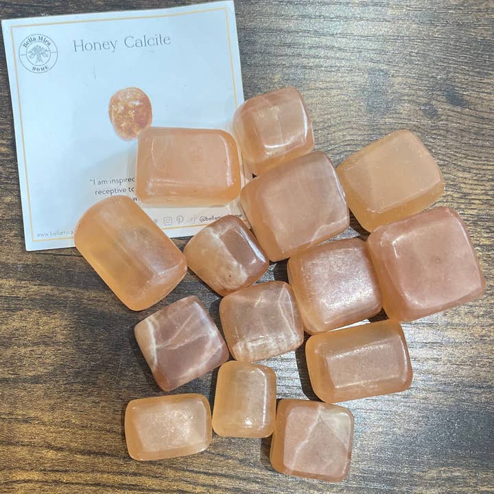 Honey Calcite Tumbled Crystals 100gms With Info Cards for wholesale by BellaMira Home
