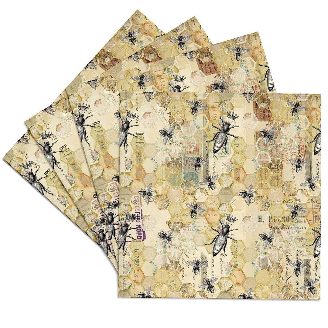 3dRose - Wholesale Coasters - 3dRose, Black, Green, Yellow Honeycomb, Bees, Crowns and Script Collage, Coaster0