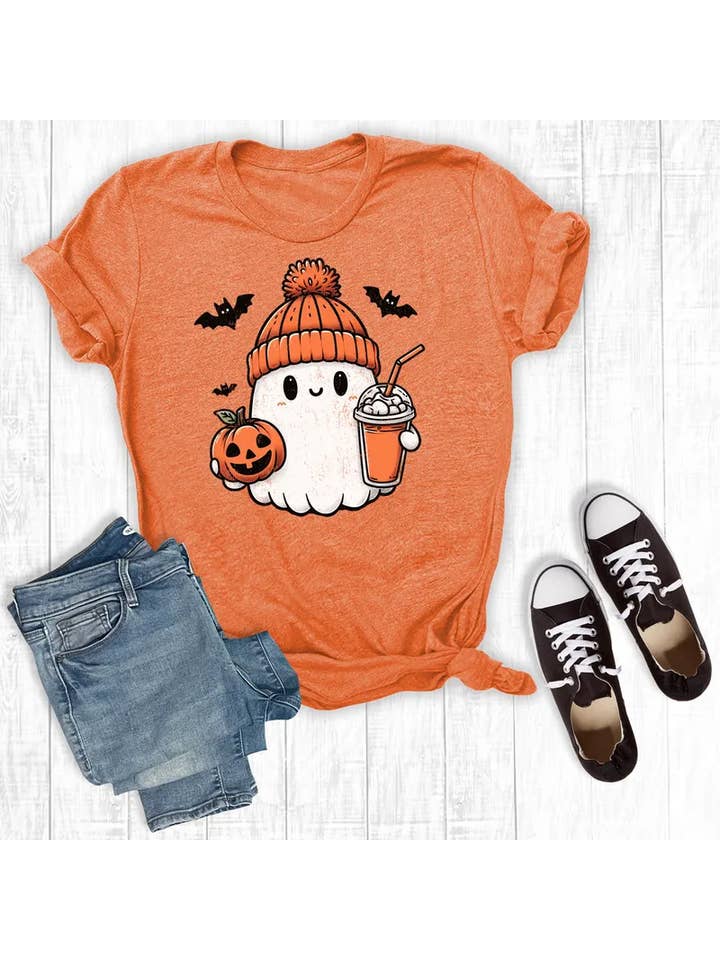 Halloween Ghost With Coffee Graphic Tshirts Orange for wholesale on Faire