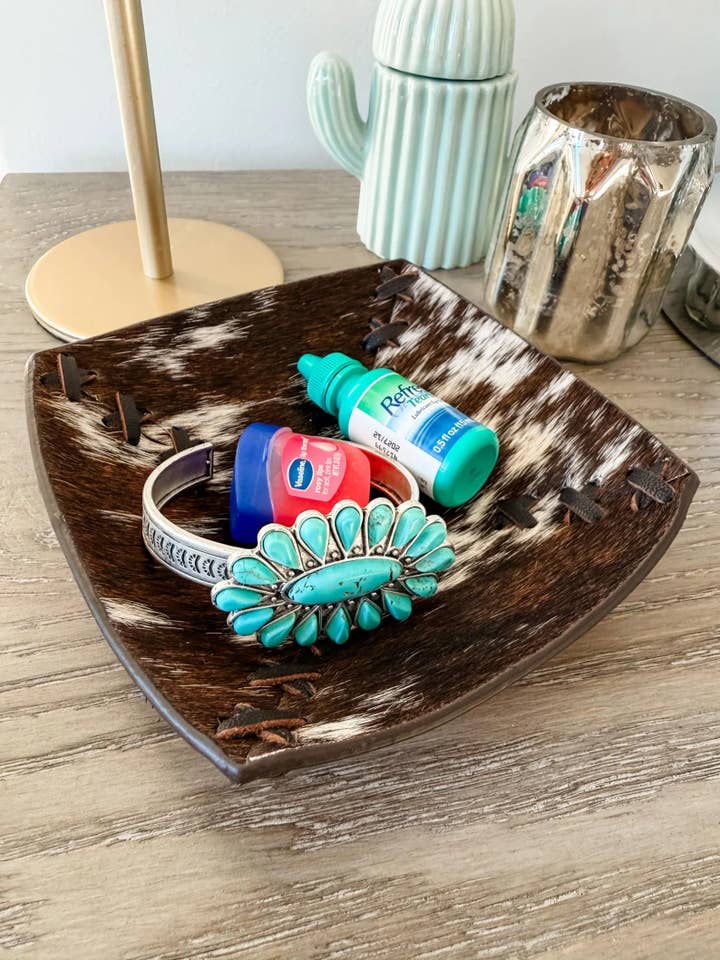 COWHIDE LEATHER TRAY - jewelry storage - Genuine Hair On for wholesale by Boho Ranch Shop