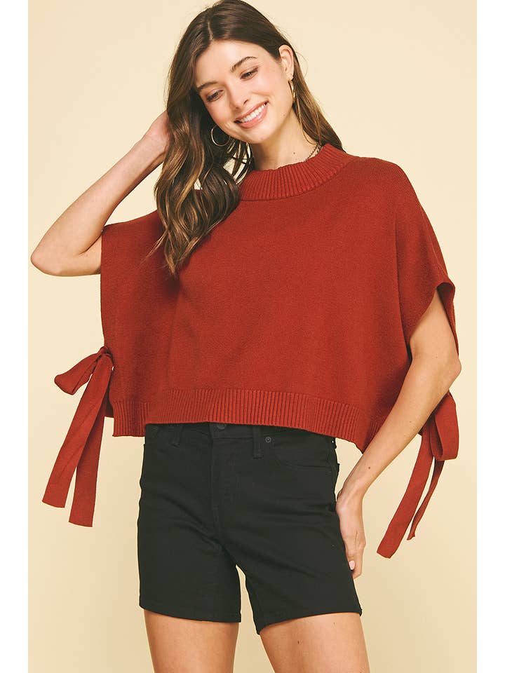 FALL RED KNIT SWEATER WITH TIE DETAIL AT SIDE - 5440W for wholesale on Faire