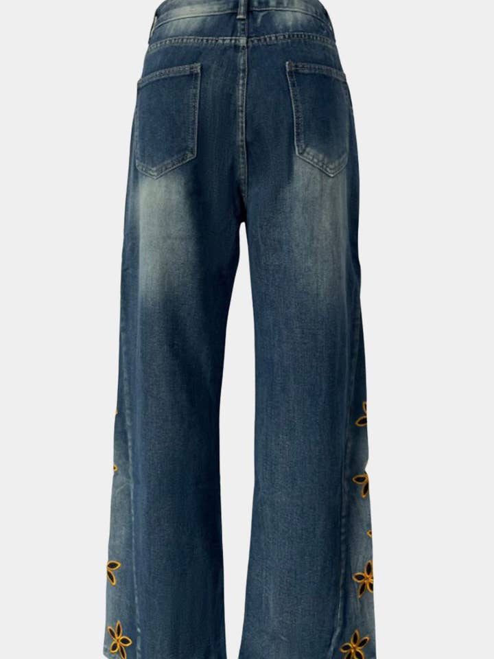 BLUE Floral Detail Wide Leg Jeans for wholesale on Faire8