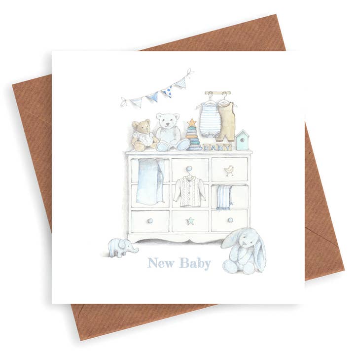 Carte de chambre pour bébé garçon – Carte de vœux de luxe en aquarelle avec enveloppe kraft pour la vente par Crumble & Core
