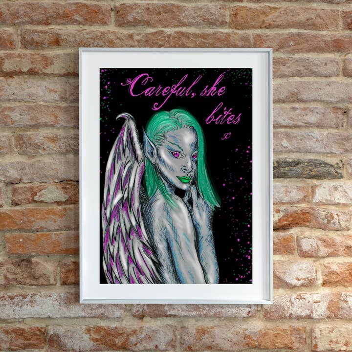 Hannah Kate Makes - Wholesale Art Print - Dark Angel Art Print - Careful She Bites - A5/A4 Pink/Green8