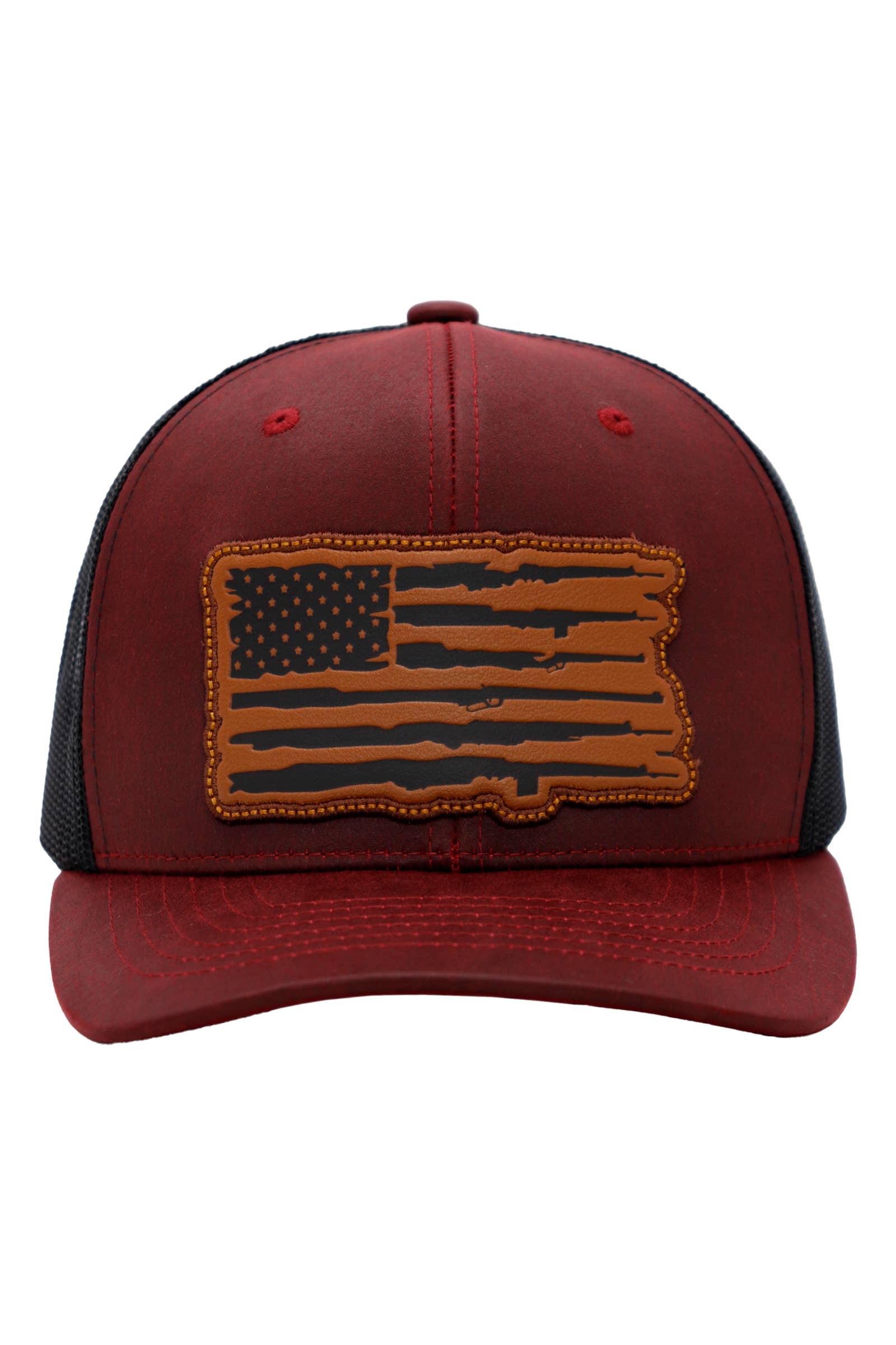 Cap Zone - Wholesale Trucker Hat - Unisex - Rifle American Flag Oiled Faux Leather Trucker Hat4