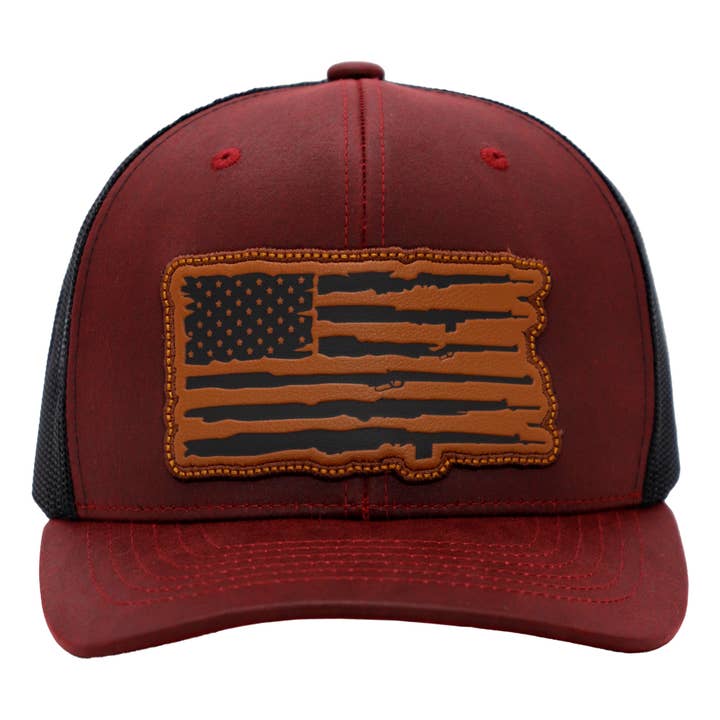 Cap Zone - Wholesale Trucker Hat - Unisex - Rifle American Flag Oiled Faux Leather Trucker Hat4